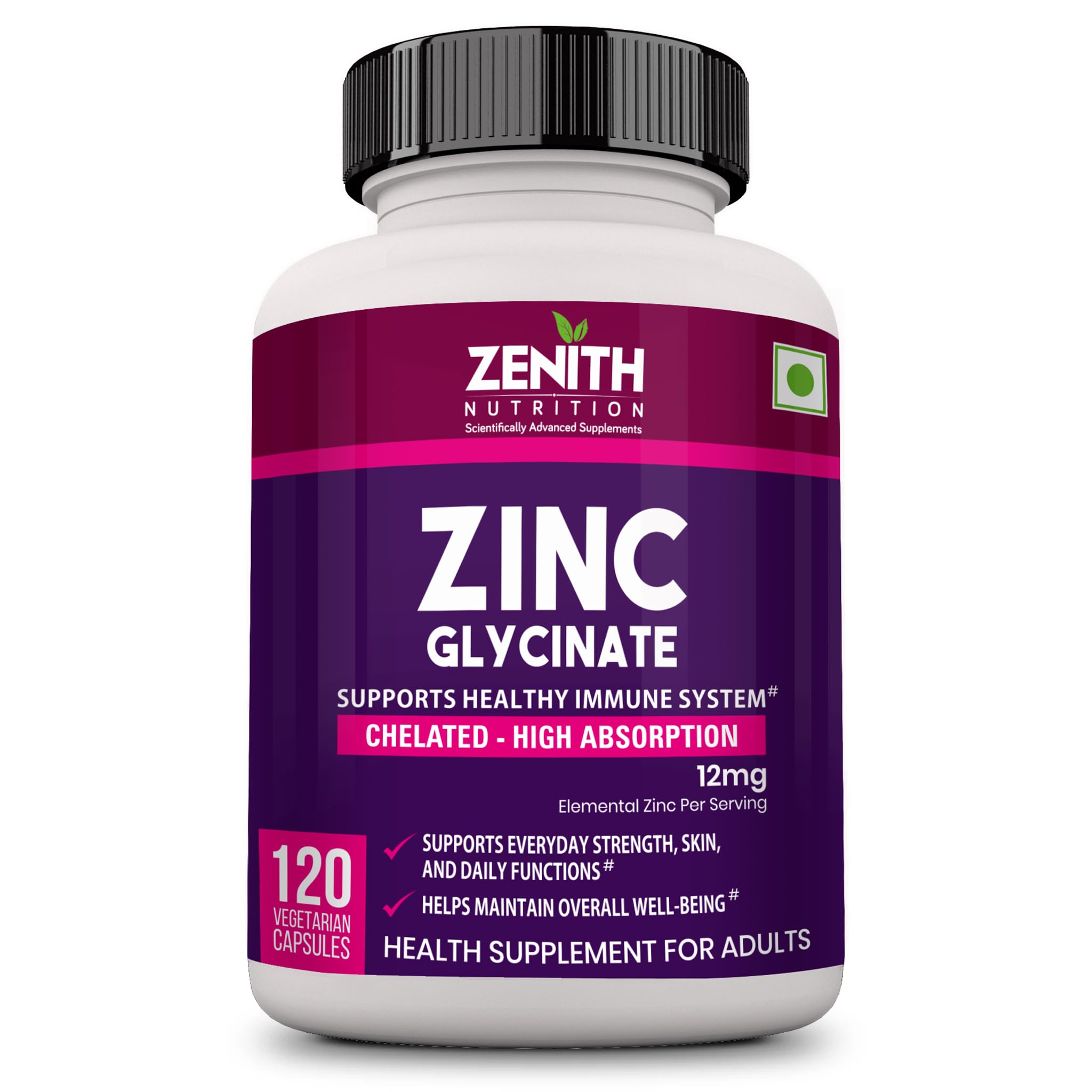 Zenith Nutrition High Absorption Chelated Zinc Glycinate 12mg - 120 Veg capsules | Boosts Immunity | For General Wellbeing