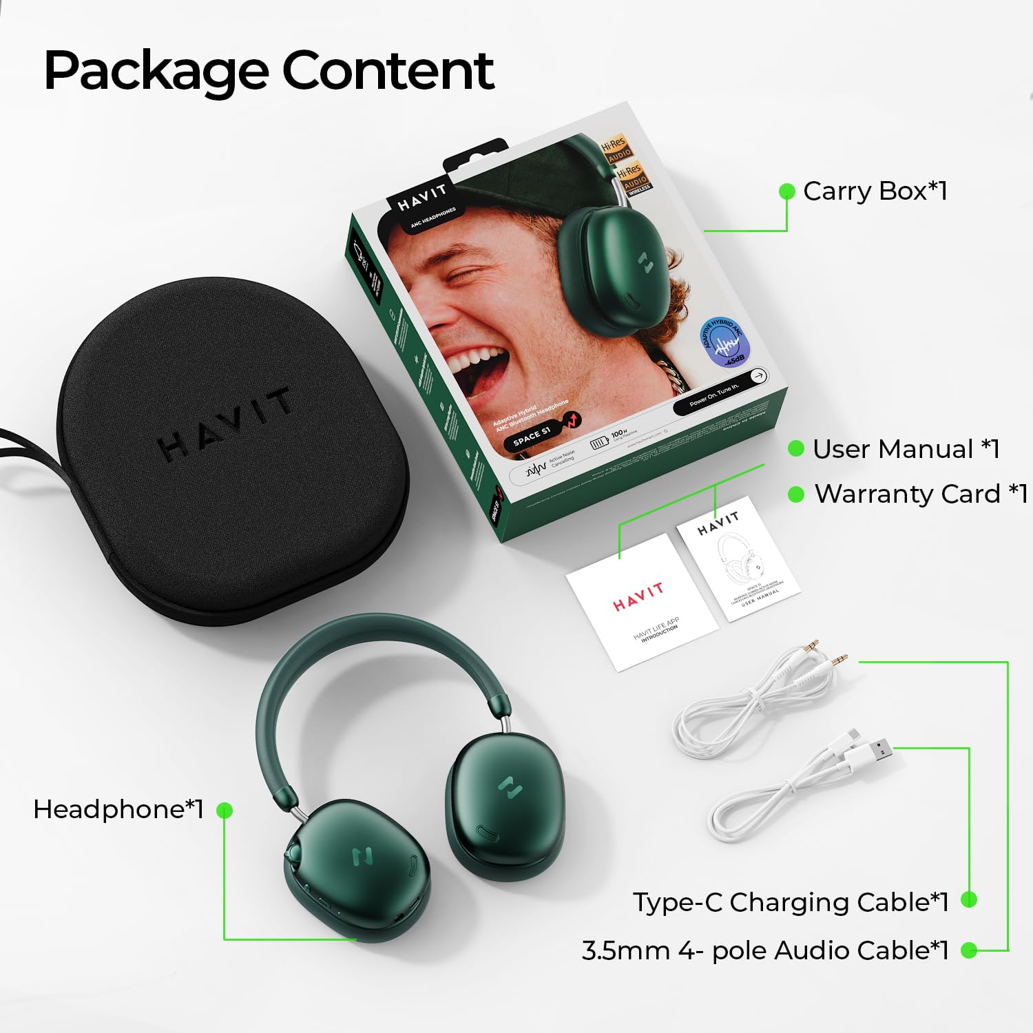 havit H670BT Adaptive Active Noise Cancelling Headphones (Grün)