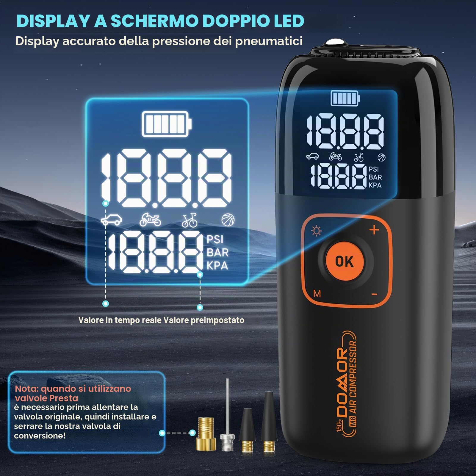Compressore Aria Portatile, Compressore Portatile, Compressore Portatile Moto 150 PSI (10,3 Bar), Inflazione Rapida, Spegnimento Automatico, LED, per Auto, Moto, Bicicletta, Palla