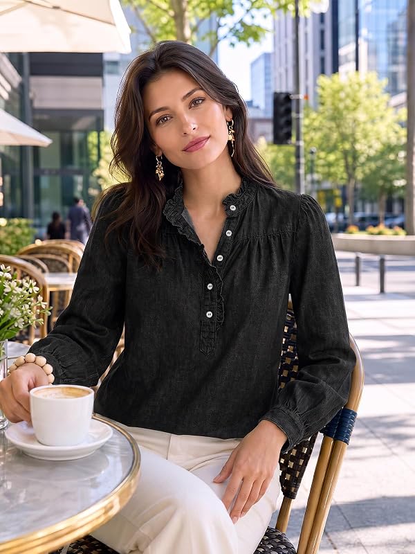 Flowyair Womens Denim Shirt Casual Half Button – Casual half button front design