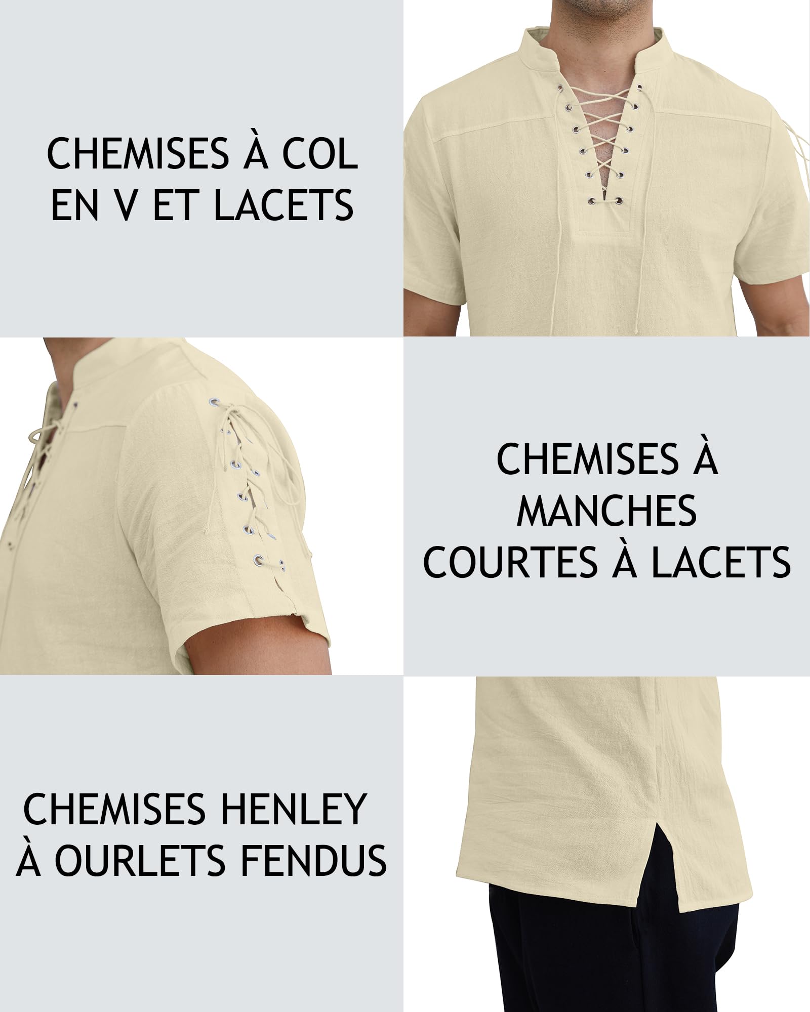 YAOBAOLE Chemise a Manche Courte en Coton Lin pour Homme, Vintage Médiévale Vétements Viking a Lacets Pirate Shirt