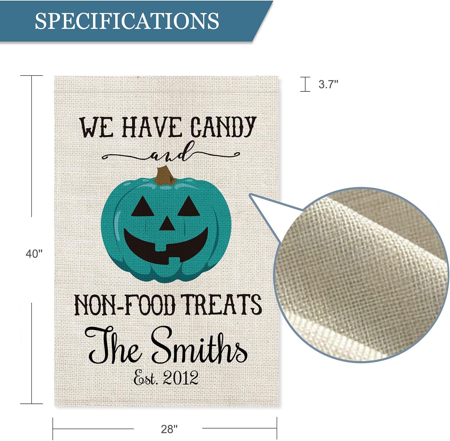 Smile Personalized Halloween Pumpkin House Flag, We Have Candy Non-food for Treats Customized Family Name and Year, Double Sided 28 x 40 Inch Rustic Farmhouse Burlap Yard Outdoor Decoration
