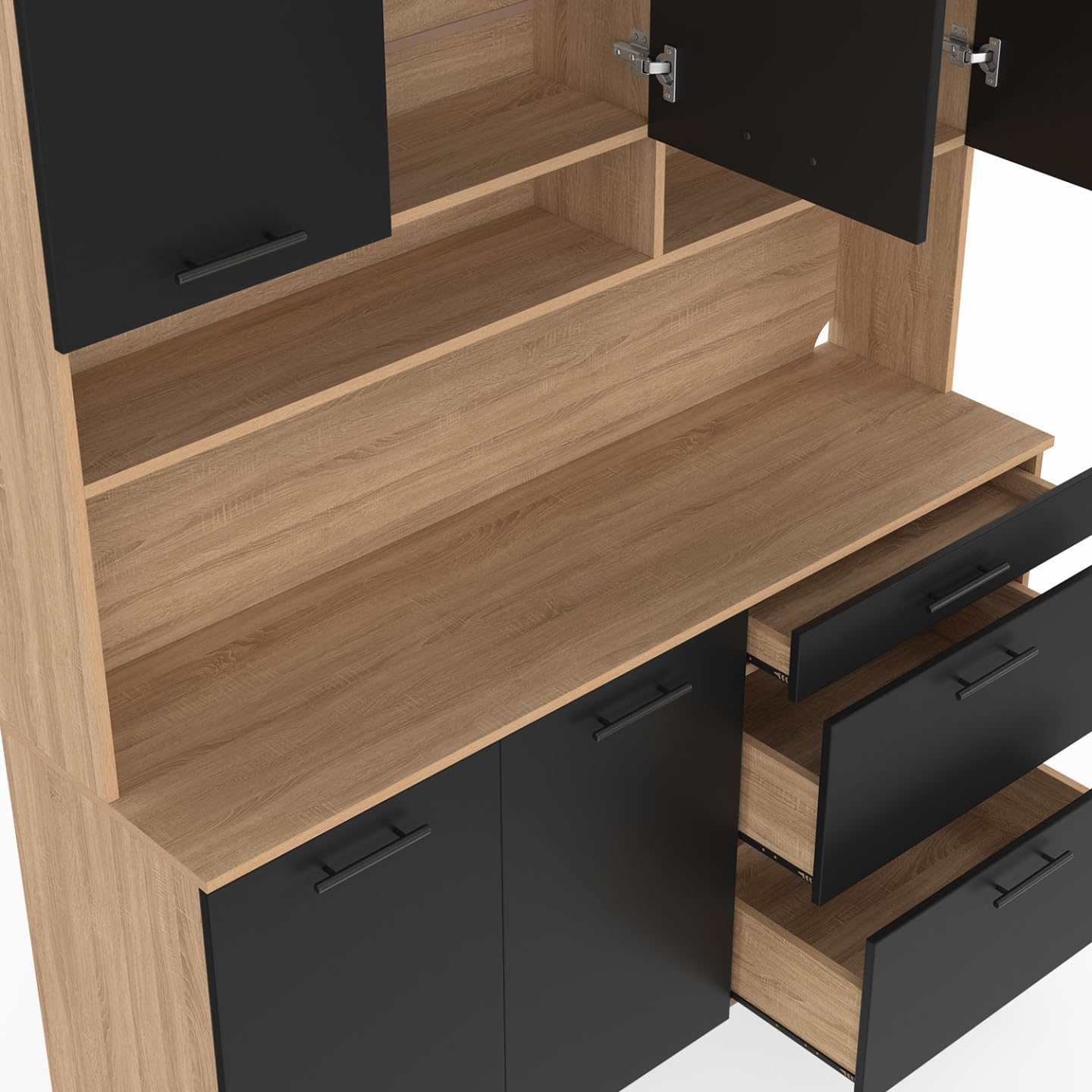 IDMarket - Buffet casserolier de Cuisine 140 cm CINA façon hêtre et Noir | Avec 5 portes + 3 tiroirs