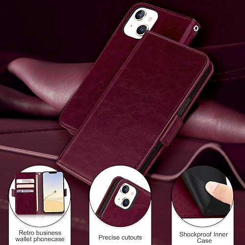 Miniatura 6 de Bizzib Funda de cuero para iPhone 13 con tarjetero bloqueo RFID 360 protección completa a prueba de golpes, cierre magnético, con ranuras para