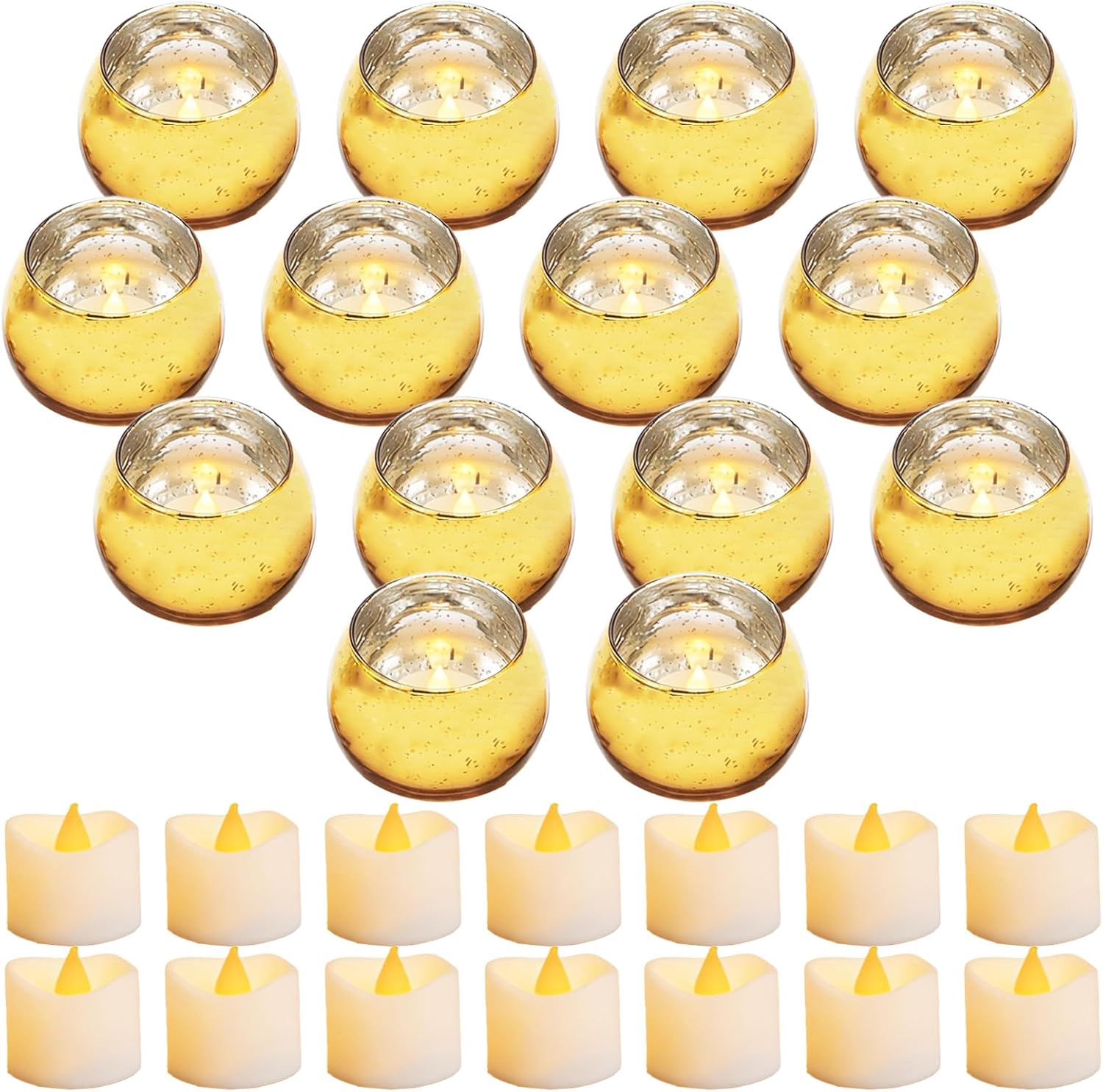14 Set Votive Candle Holders with Tea Lights Speckled Mercury Glass Votive Candle Holders Wedding Centerpiece Table Decorations for Home Birthday Party(Gold)