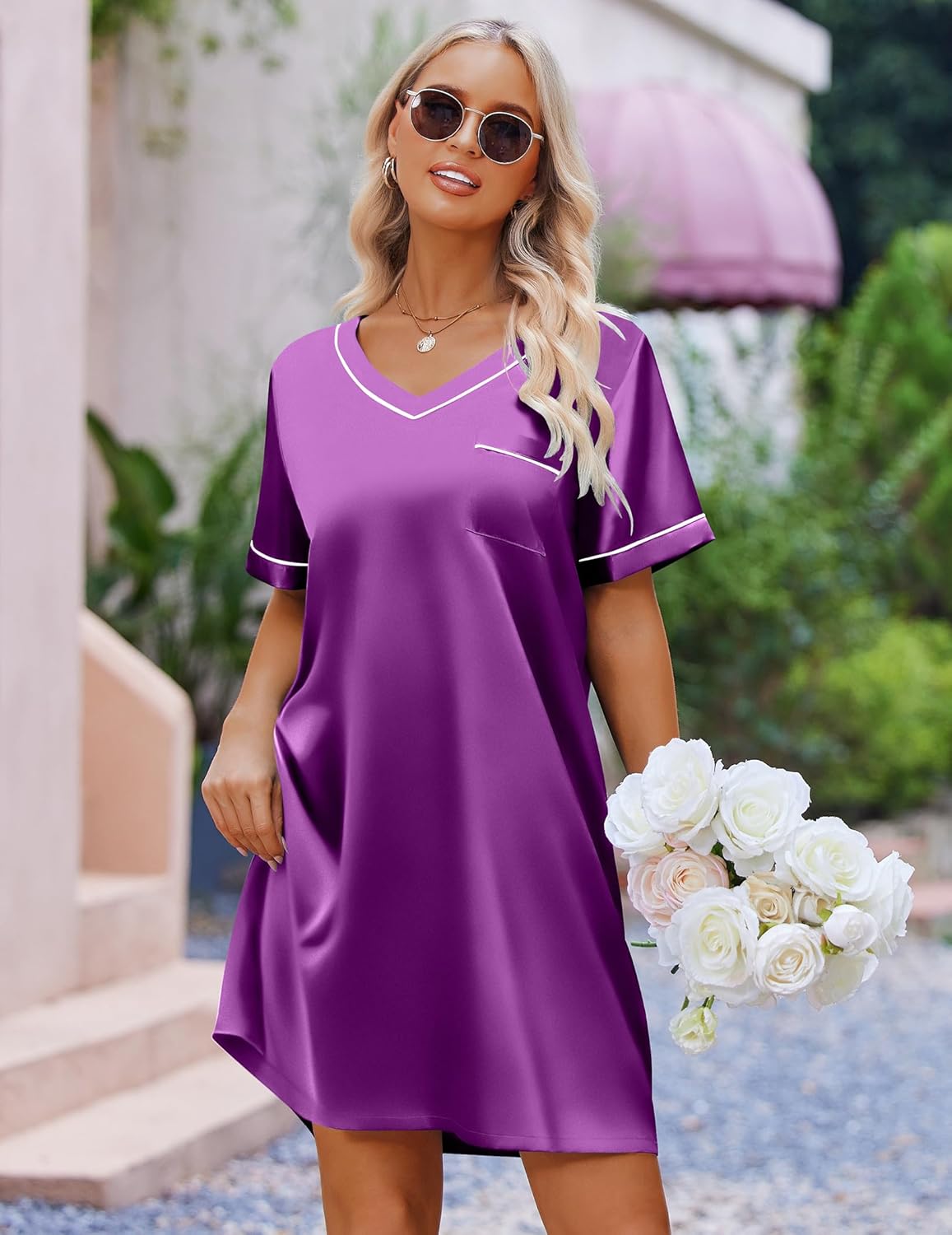 Ekouaer Satin Nightgowns for Women Silk Sleep Shirt Silky Loose Sleepwear V Neck Nightshirt Short Sleeve Pajamas - Image 3