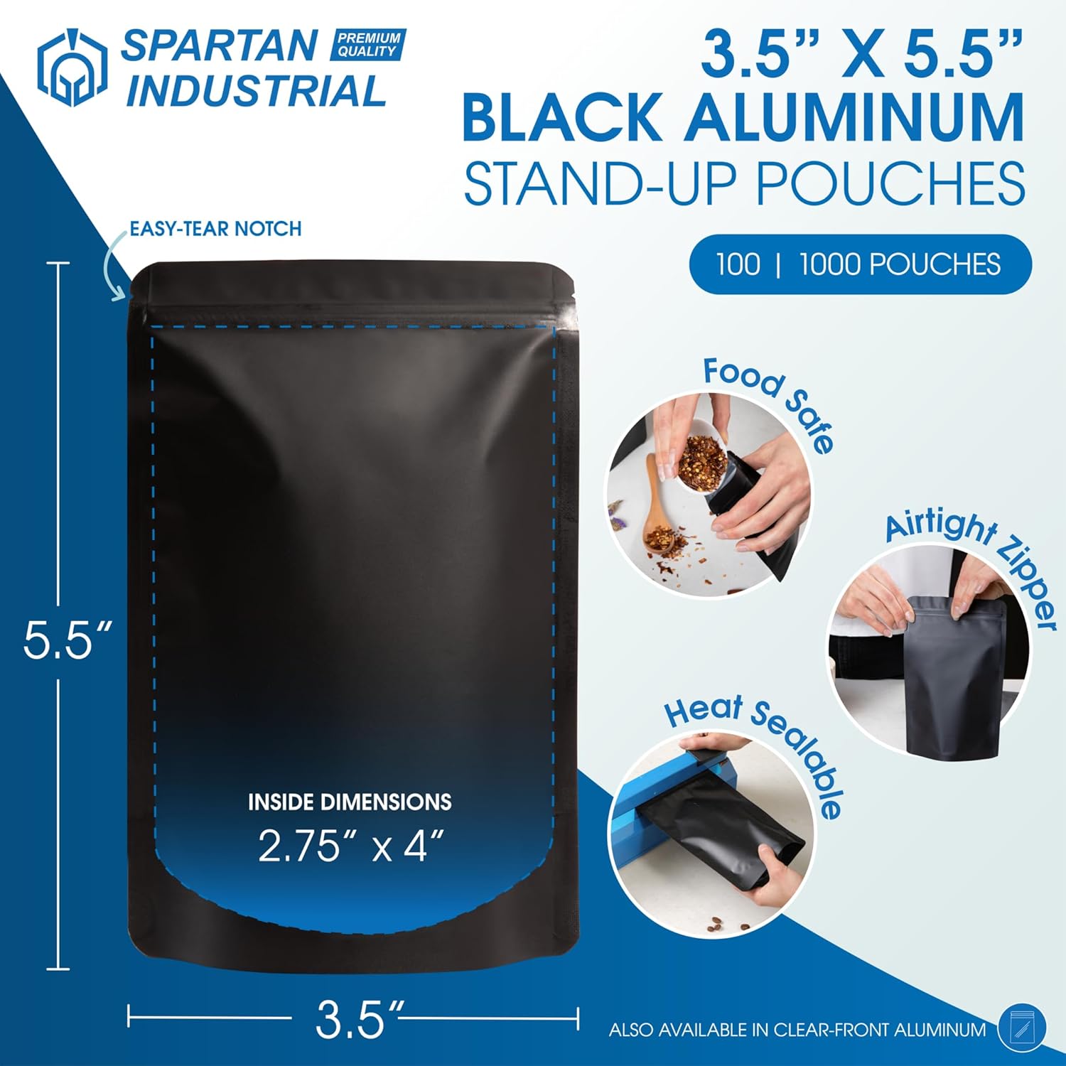Spartan Industrial 3.5" X 5.5" Matte Black Stand-Up Mylar Bags - 1000 Count Small Smell-Proof Bags With Heat Sealable Opening and Resealable Zipper