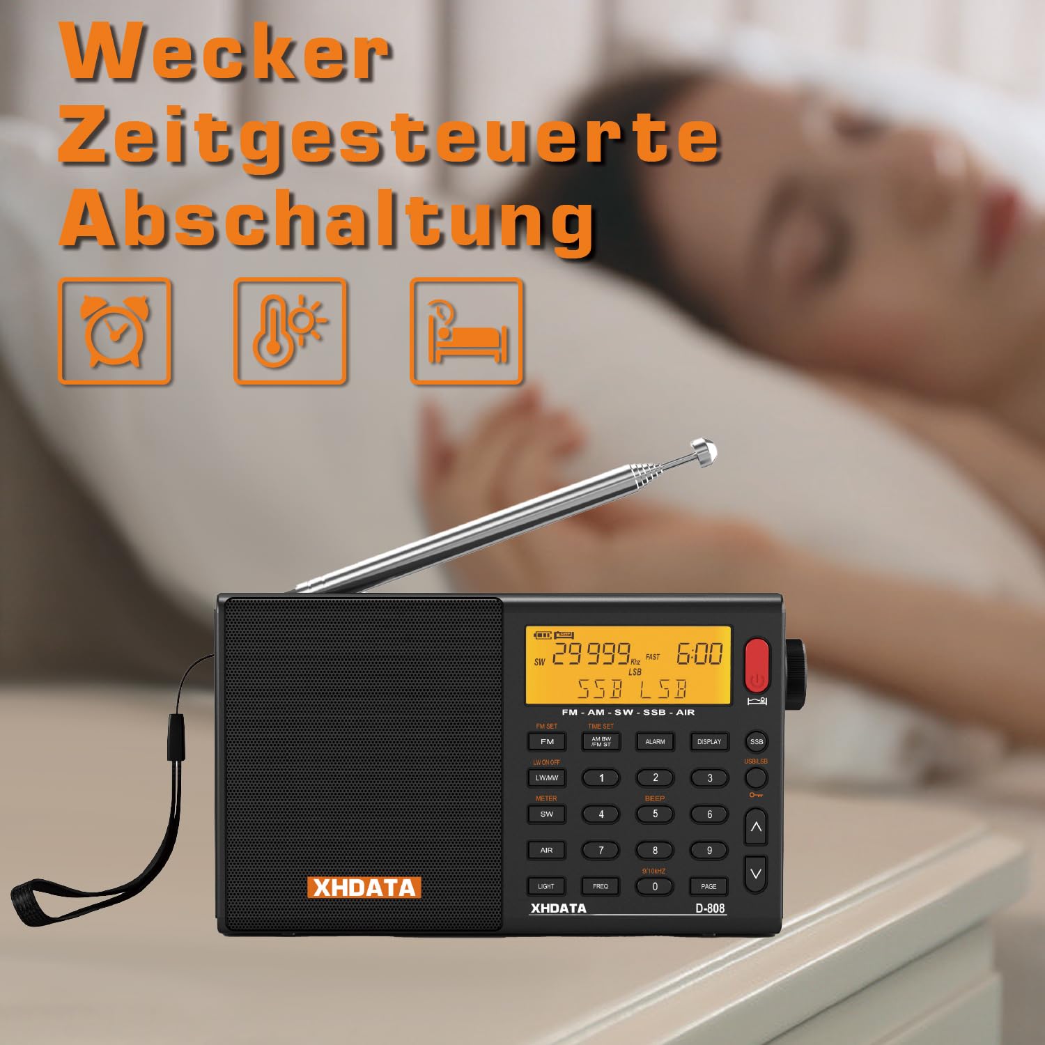 XHDATA D808 Tragbares Digitales Radio, Weltempfänger Radio, Kurzwellenempfänger, UKW-Stereo/KW/MW/LW SSB Air Band Weltempfänger, RDS, Radio batteriebetrieben, mit Externer Antenne (Schwarz)