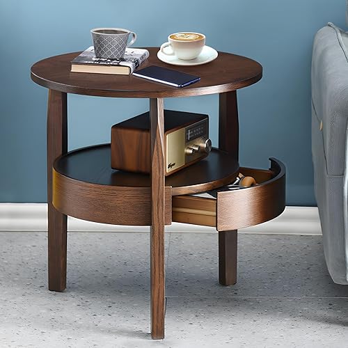 Round Coffee Table with Storage - Wood Coffee Table for Living Room, Mid Century Modern Coffee Table with Hidden Drawer, Retro Coffee Table with Smooth Surface, Quality Rubber Wood, Dark Brown