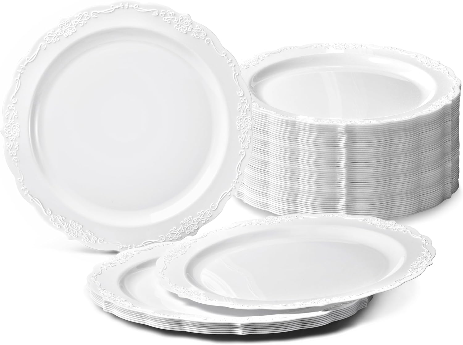 " OCCASIONS " 120 Plates Pack, Disposable Wedding Party Plastic Plates (7.5'' Appetizer/Dessert Plate, Verona Plain White)