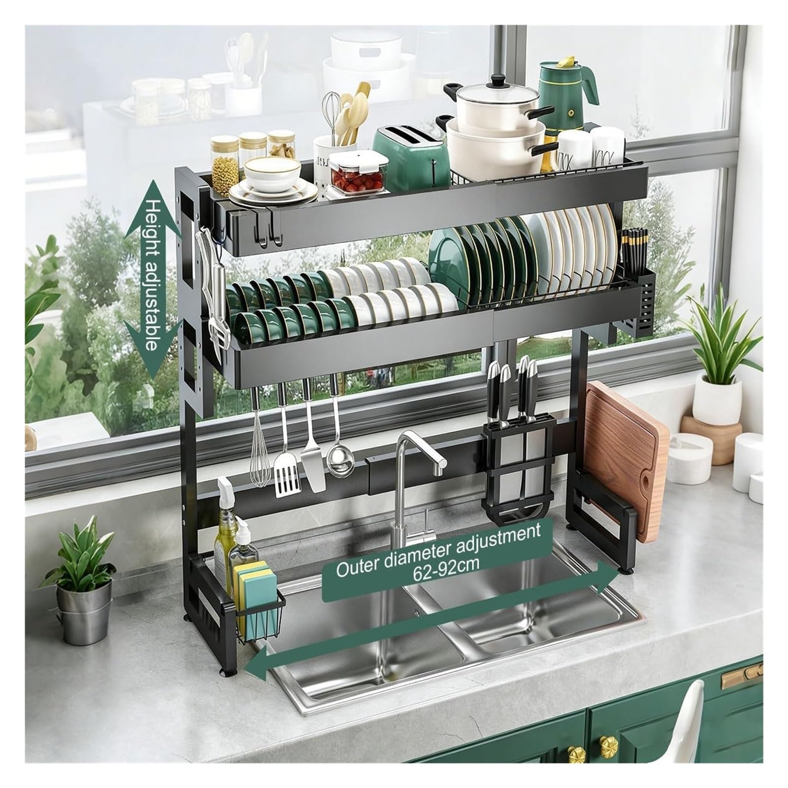Scolapiatti in acciaio al carbonio per lavello da cucina, sopra lo stendibiancheria, salvaspazio, larghezza regolabile da 60 a 100 cm, accessori completi (doppio strato)