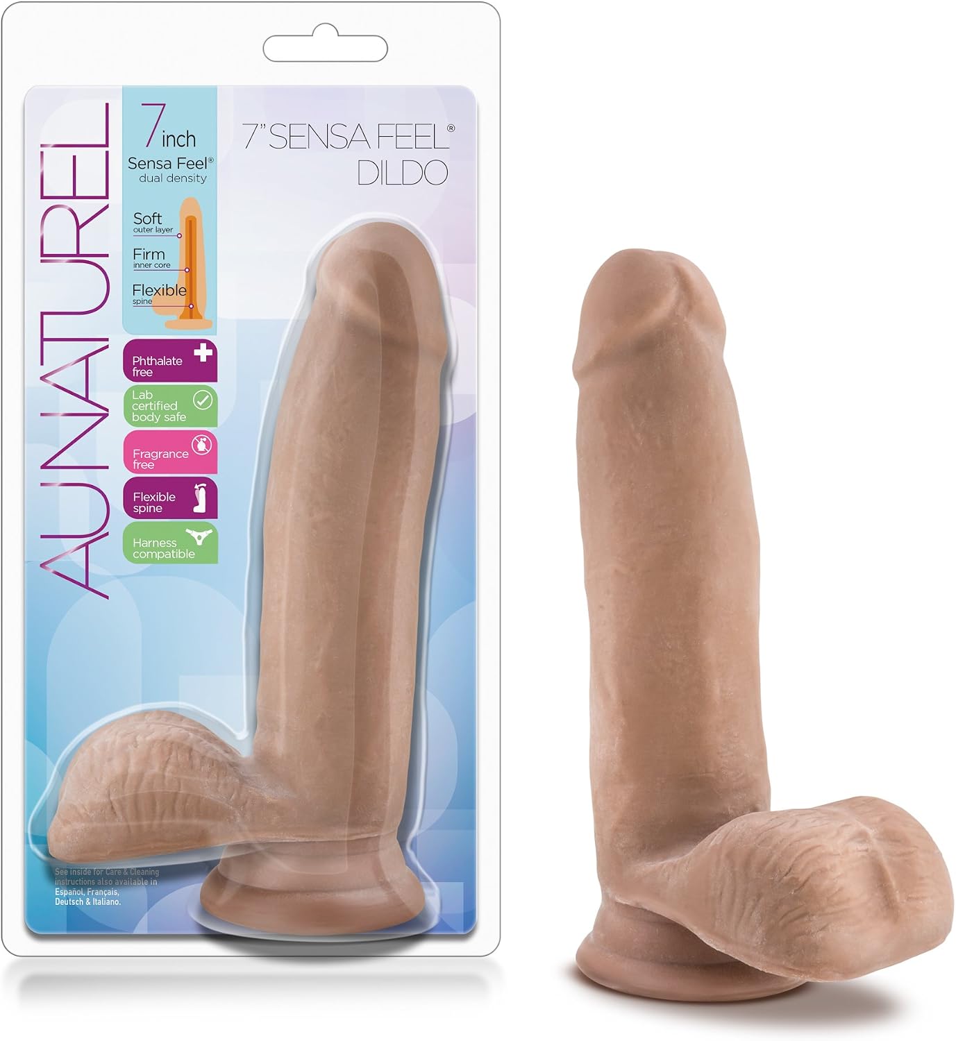 Blush Au Naturel 7" Realistic Latin Dildo w/Balls, 1.75" Girth - Dual Density Lifelike Cock - Suction Cup, Strap-On Compatible - Ultra Soft Anal Flexible Penis Toy for Women, Men & Couples - (Brown)