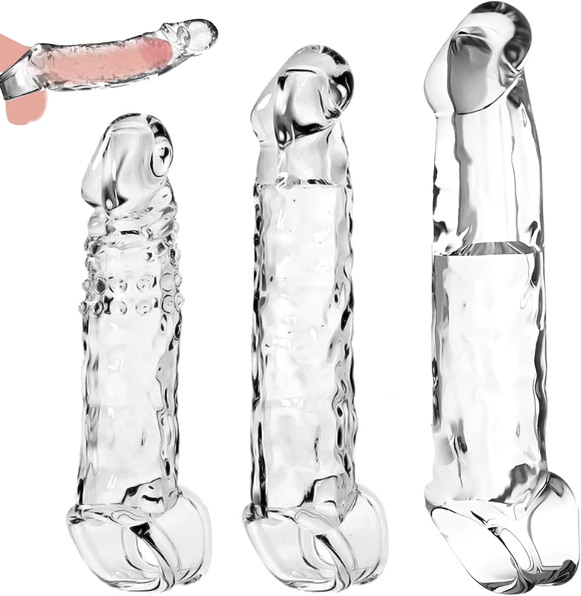 Clear Penis Sleeve Pennis Extender Kit, 3 Sizes Cock Sleeve Cock Ring Penis Extender Penis Extension for G spot Stimulation, Realistic Penisen Extender Sleeve Penis Sheath Dick Extender Male Sex Toys