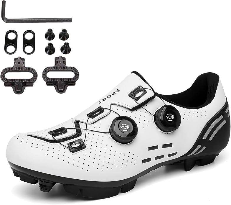 PENXZT Heren mountainbikeschoenen, compatibel met Shimano SPD 2-bouts pedalen, comfortabele, ademende MTB-schoenen, racefietsen, indoor en outdoor fietsen, sneakers,Wit,42 EU