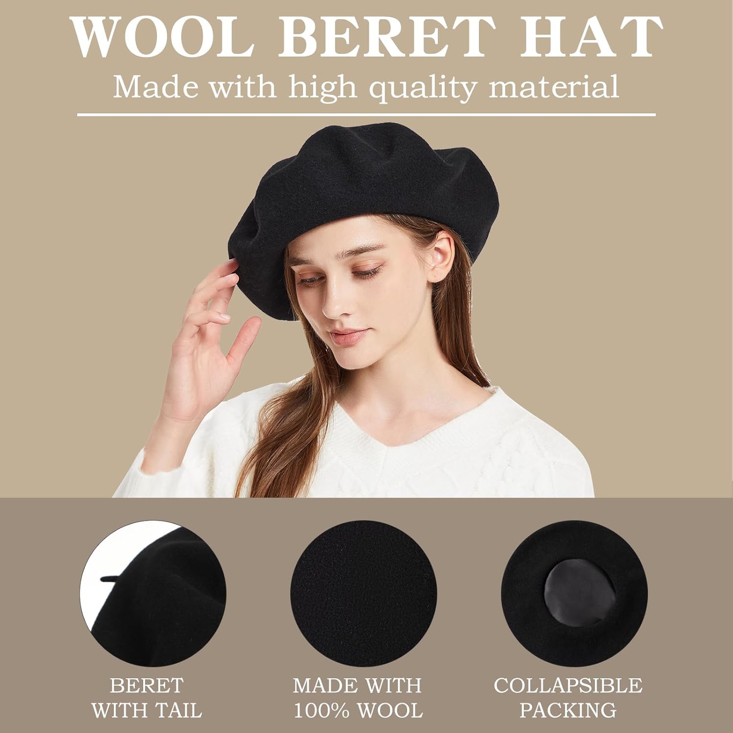XXL 100% Wool French White Beret Hats for Women Man Painter hat Classic Painter's Hat Girl Solid Color Classic - Image 4
