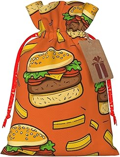 ZEYARUIBO Tasty Cheeseburgers and French Fries Christmas Drawstring Linen Gift Bag Reusable With Kraft Paper Label Medium