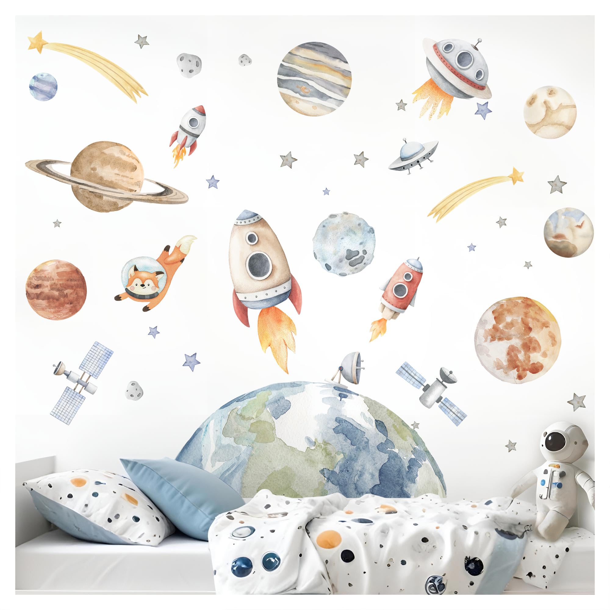 Little Deco DL5115-05 Sticker mural autocollant pour chambre de bébé Motif planètes et étoiles Motif fusées