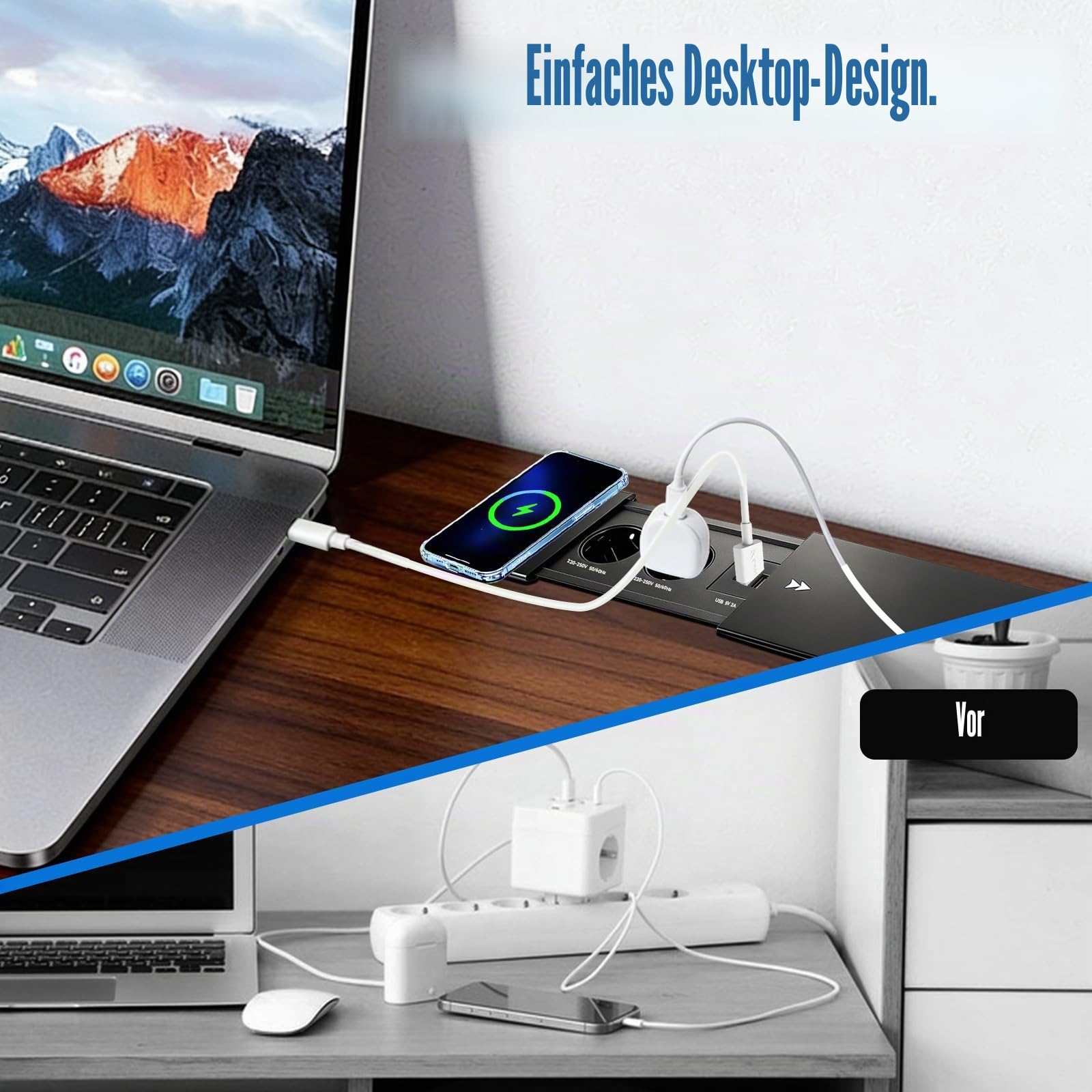 Einbau Steckdosenleiste, 2 Fach Versenkbare Einbausteckdose mit 15W Kabelloses Ladegerät und USB-C, Steckdose Versenkbar mit Schiebedeckel für Schreibtisch Sofatisch Konferenztisch