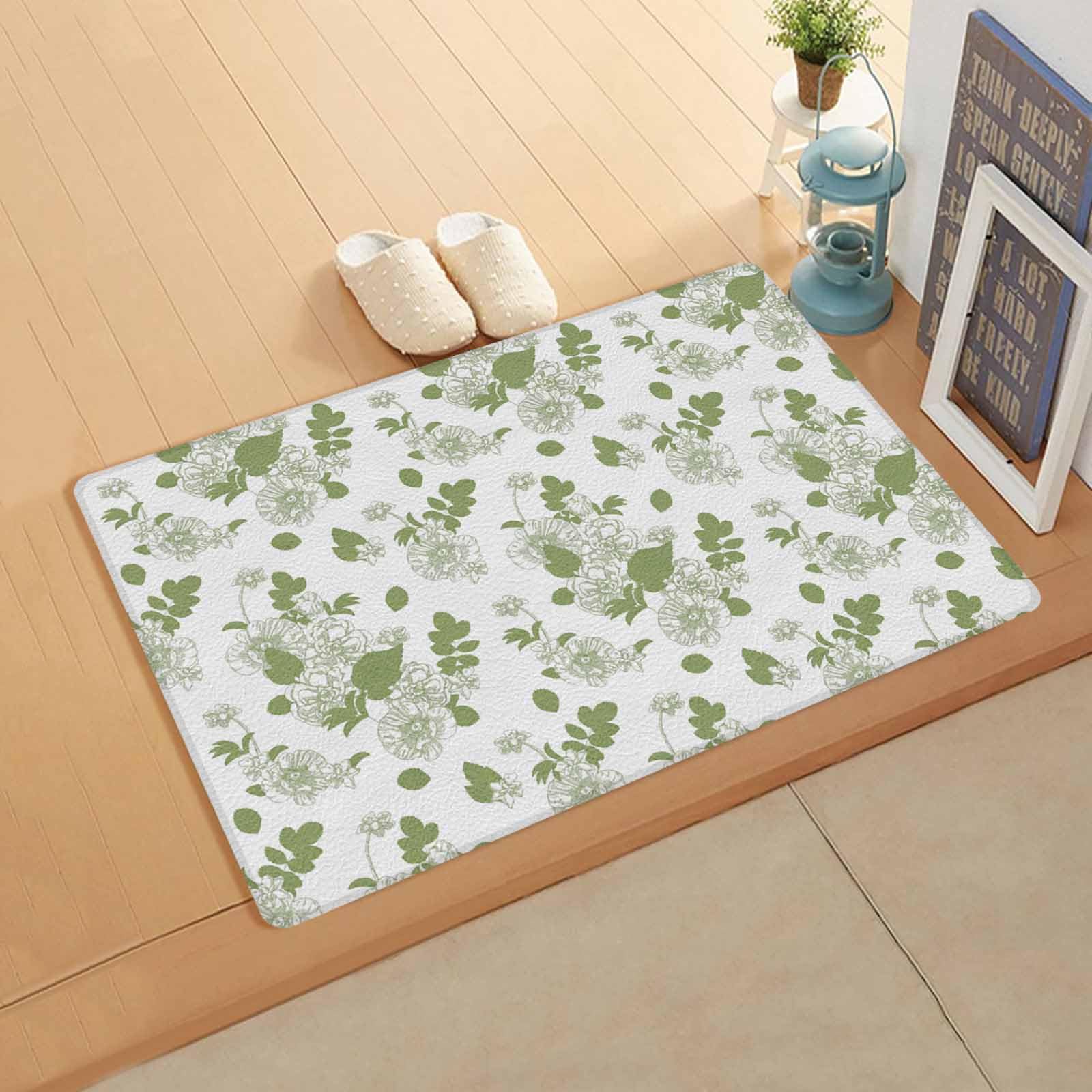 Vintage Sage Green Kitchen Bath Door Mat Cushioned Runner Rug,Washable Welcome Floor Sink Antifatigue Mat,Waterproof & Non-Slip Comfort Standing Doormat,Watercolor Floral Spring Leaves 18
