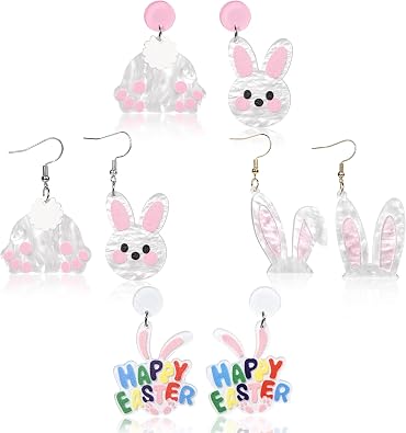 4 Pairs Cute Easter Bunny Earrings for Women Trendy Easter Basket Rabbit Dangle Drop Earrings Set Party Jewelry Gifts