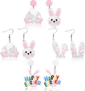 IKANOO 4 Pairs Cute Easter Bunny Earrings for Women Trendy Easter Basket Rabbit Dangle Drop Earrings Set Party Jewelry Gifts
