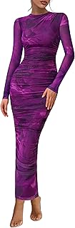 PRETTYGARDEN Women's Long Sleeve Maxi Dress 2025 Fall Ruched Bodycon Floral Mesh Formal Wedding Guest Cocktail Party Dresses