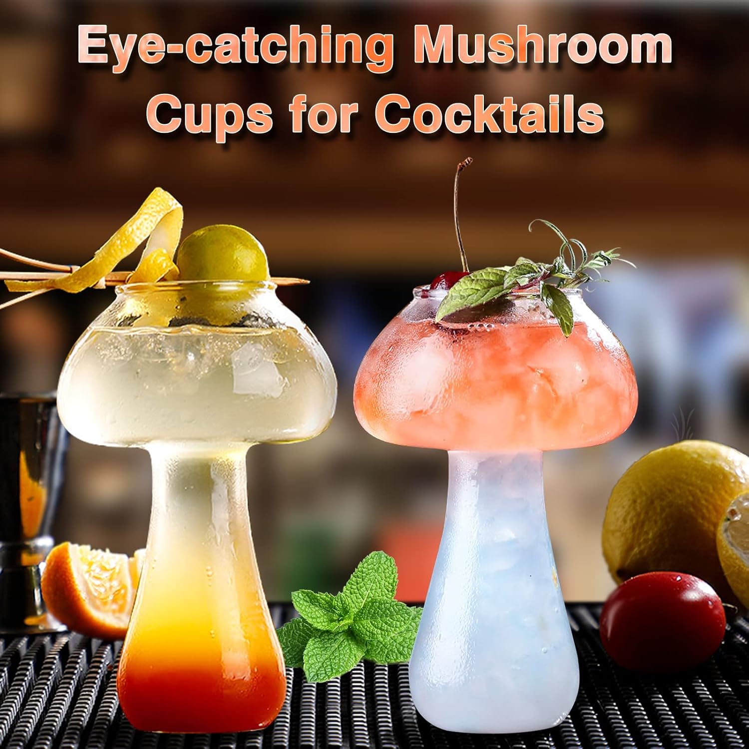 SuproBarware Mushroom Glasses Mushroom Cocktail Glass Cup Set of 4 Clear Mushroom Shaped Drinks Cups 8oz/250ml Wine Glasses for Party Novelty Drinking Glassware for KTV Bar Club (Transparent)