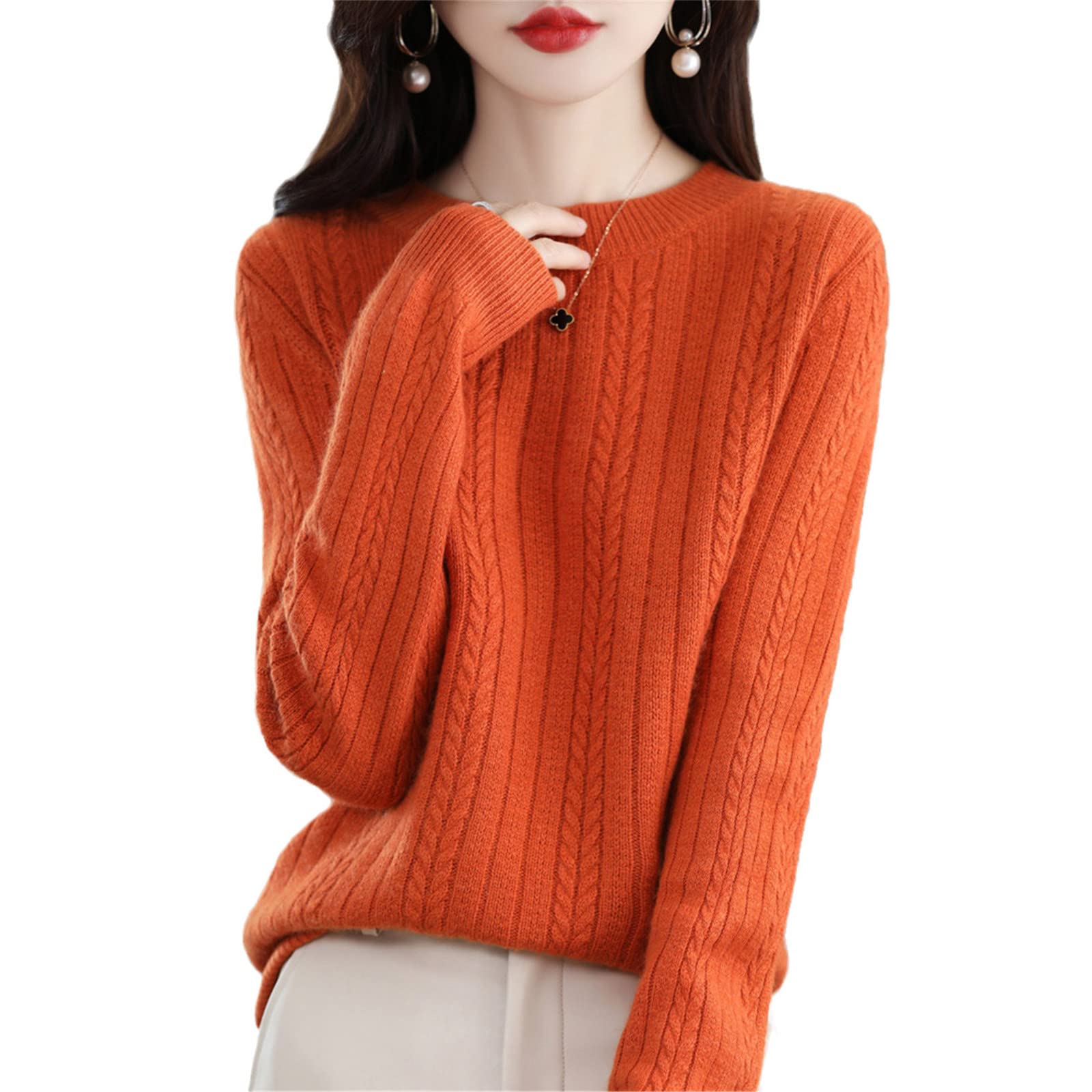 Suéter de cachemira para mujer, cuello redondo, suéter de otoño e invierno, nudo superior, suéter de lana engrosada, naranja, M