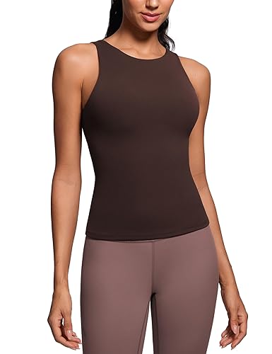 CRZ YOGA Butterluxe Workout Tank Tops for Women - Racerback Padded High Neck Yoga Athletic Shirt with Built in Bra - Small - Hot Fudge Brown