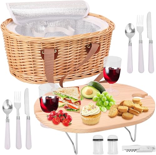 Wicker Picnic Basket Set for 2 Person with Mini Folding Table and Insulated Cooler Bag, Picnic Basket with Woven Handle Design & Tableware Accessories, Woven Oval Picnic Basket for Outdoor