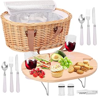 Wicker Picnic Basket Set for 2 Person with Mini Folding Table and Insula...
