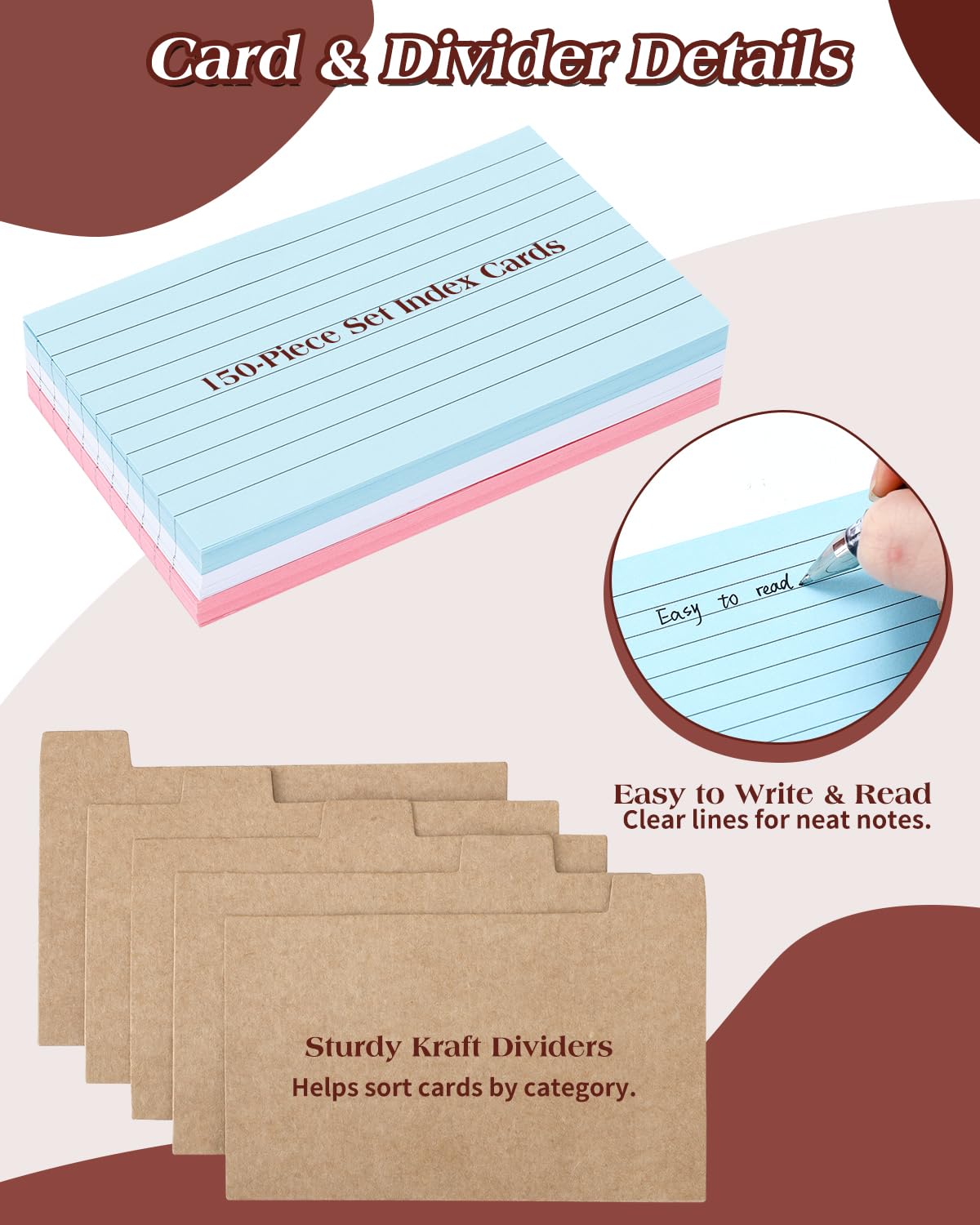 Organiseur de cartes d'index en bois massif avec tiroir pour cartes de recettes, cartes flash, cartes de visite, intercalaires et 150 cartes de couleur 7,6 x 12,7 cm