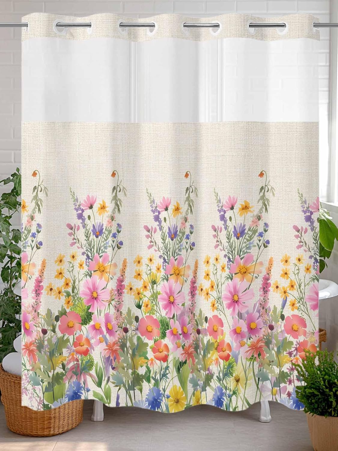 No Hooks Shower Curtain with Snap Liner Coloful Flowers Spring Floral Retro Watercolor Linen Bath Curtain with See Through Top Window 72"x72" for Bathroom Spa