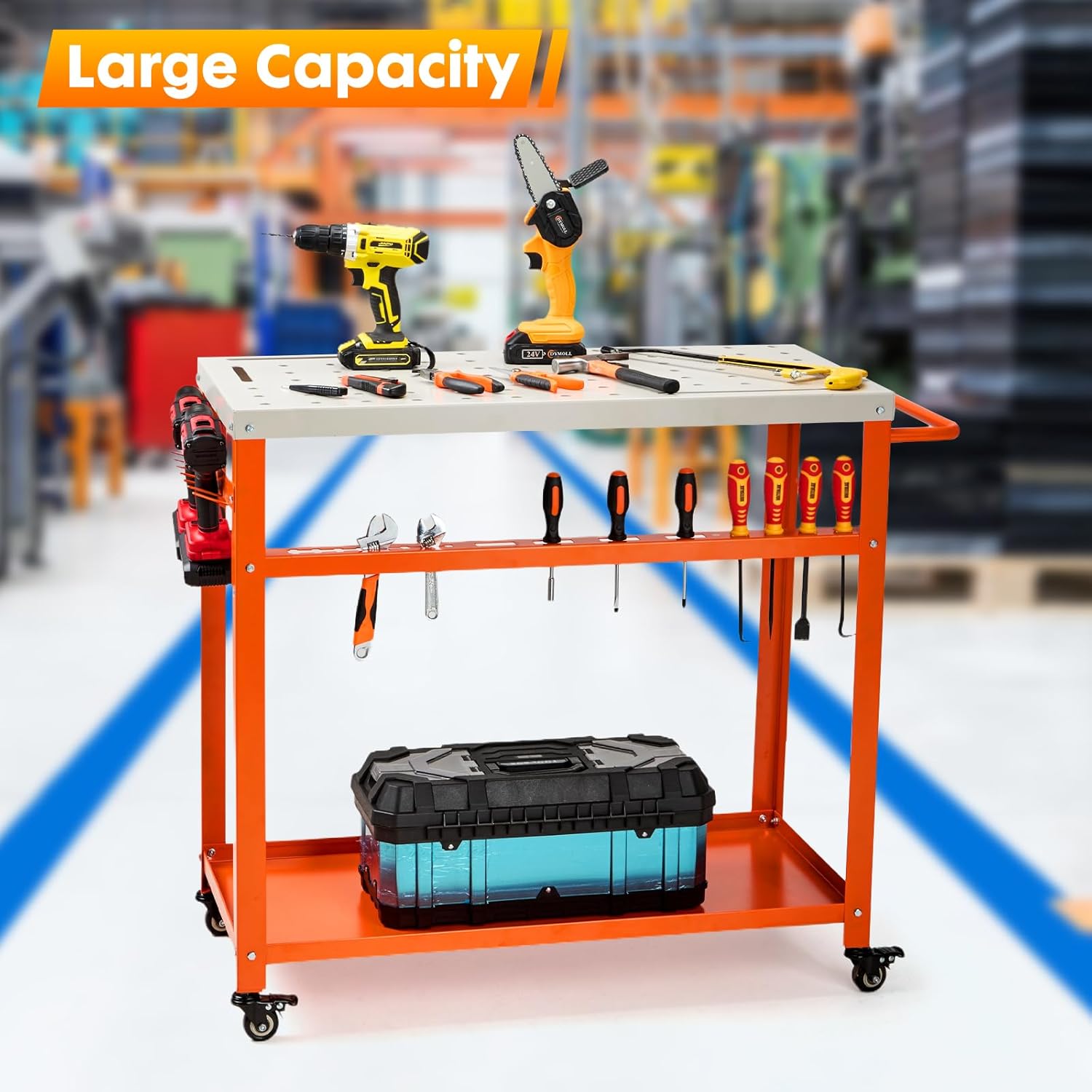 Movable Workbench Table,35.8“x 18.1”Welding Table,1200LBS Static Weight Capacity,Sawhorse Tool Slots and Fixture Holes（5/8-inch Fixture Holes）,4 Wheels (4 with Brake)