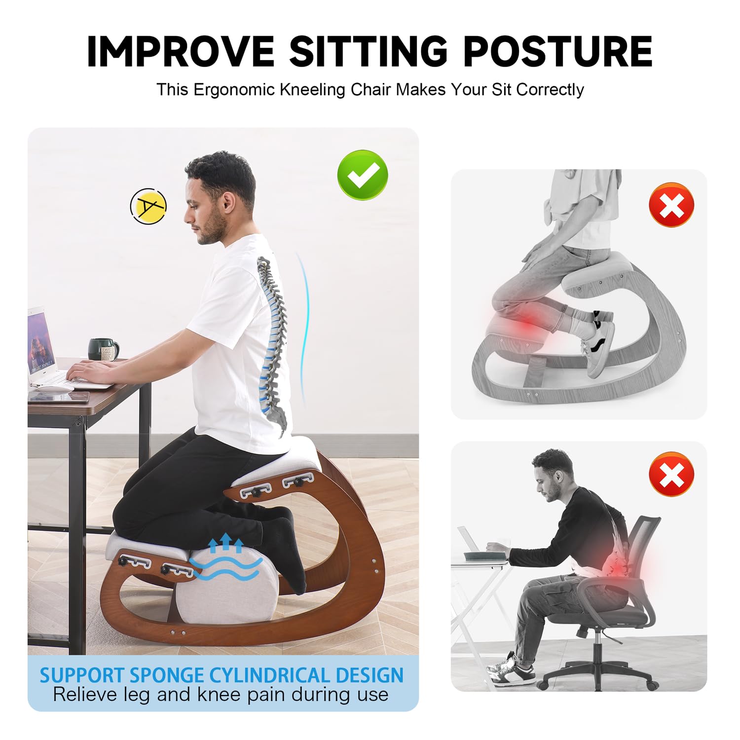 Adjustable Kniestuhl, Ergonomischer Schaukelstuhl aus Holz - Verbessern Sie Ihre Körperhaltung mit einem angewinkelten Sitz für Zuhause, Büro (Pekannuss)