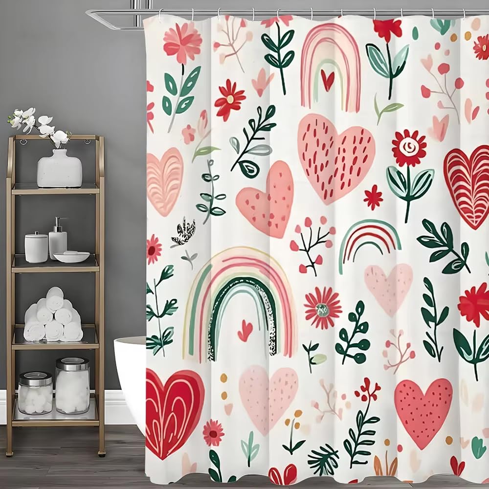 GFRYIIO Painted hearts and rainbows Shower Curtain Washable Dirt-Resistant Shower Head waterproof Polyester Bath Curtain for Home & Hotel Bathrooms 110x200cm/43x79in(WxH)