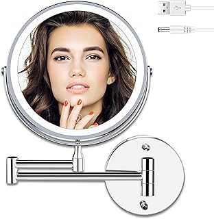 Rechargeable Wall Mounted Lighted Makeup Mirror, Extendable Double Sided Vanity Mirror with 10X Magnification, 8 Inch Led Magnifying Mirror with 3 Color Lights Bathroom Mirror Chrome