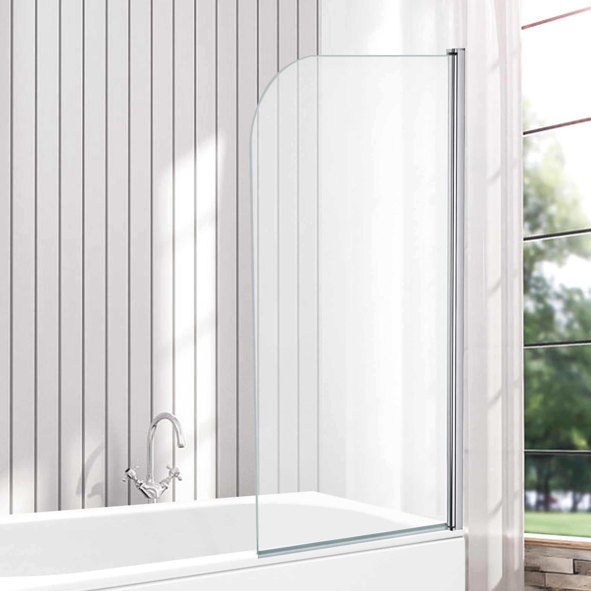 Jade 6mm Curved Edge Toughened Safety Glass Bath Screen Panel Shower Door Chrome - 1400x800mm