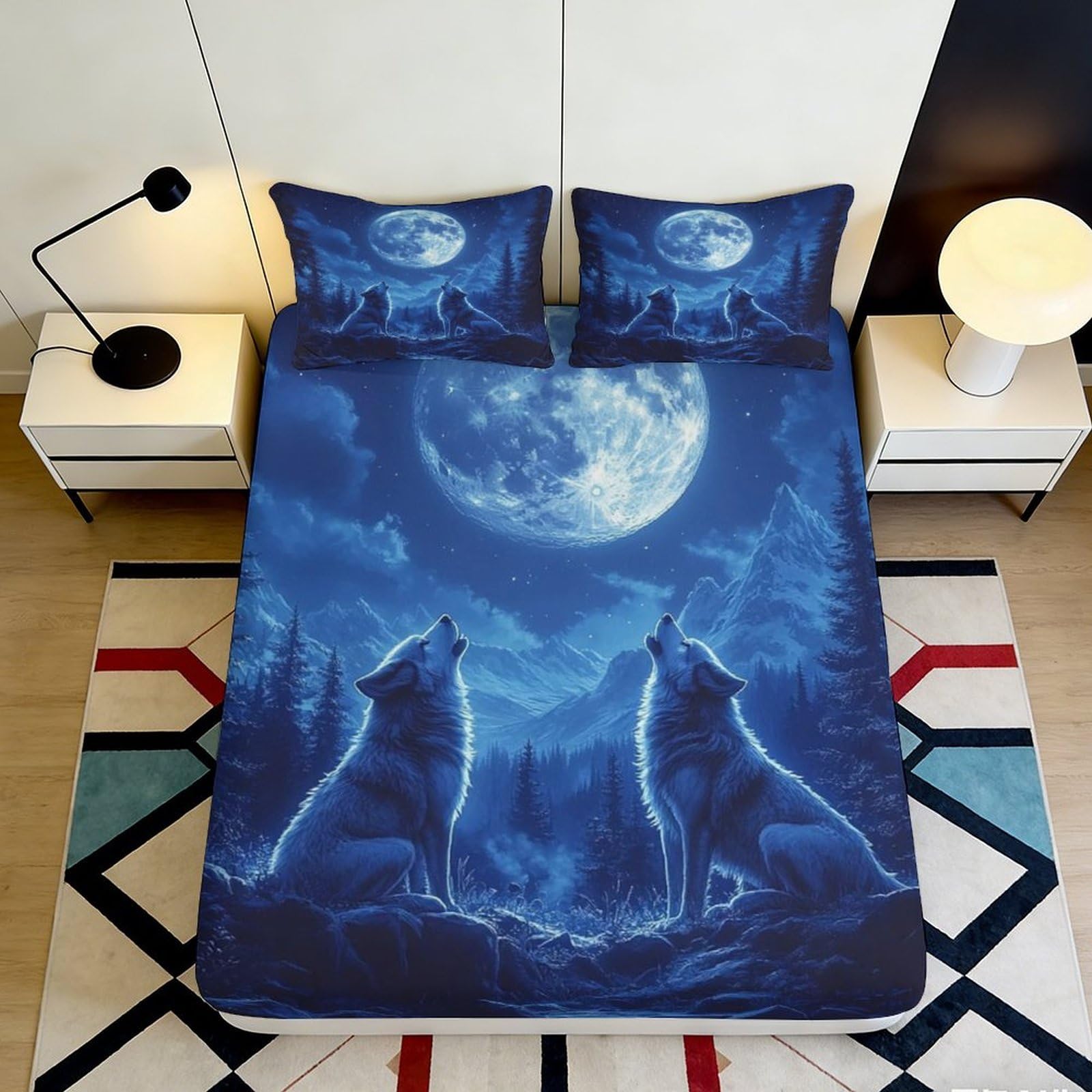 3D Printed Wolf Moon Fitted Sheet Microfiber Deep Pocket Non-Slip for Bedroom Wolf Moon Mattress Fitted Cover Washable 120x200x25cm