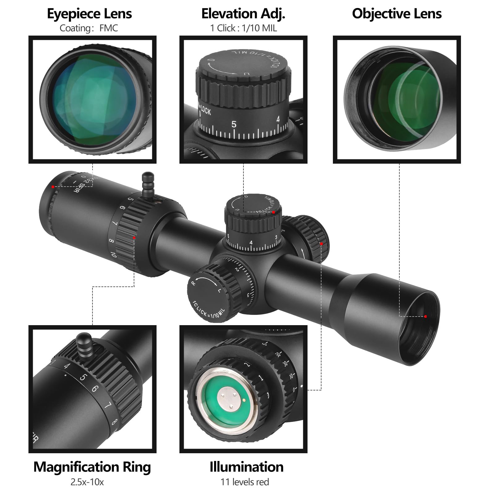 SPINA OPTICS Lunette de visée 2.5-10x32 SFP Lunette Chasse avec éclairage mil Dot Reticle, Tube de 30 mm deuxième Plan Focal avec Support annulaire de 20 mm