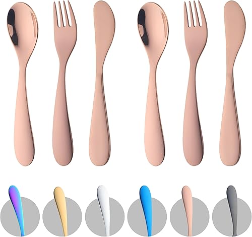 Juego de cubiertos de acero inoxidable para niños de 6 piezas, 2 tenedores seguros para niños + 2 cucharas de bebé + 2 cuchillos para niños