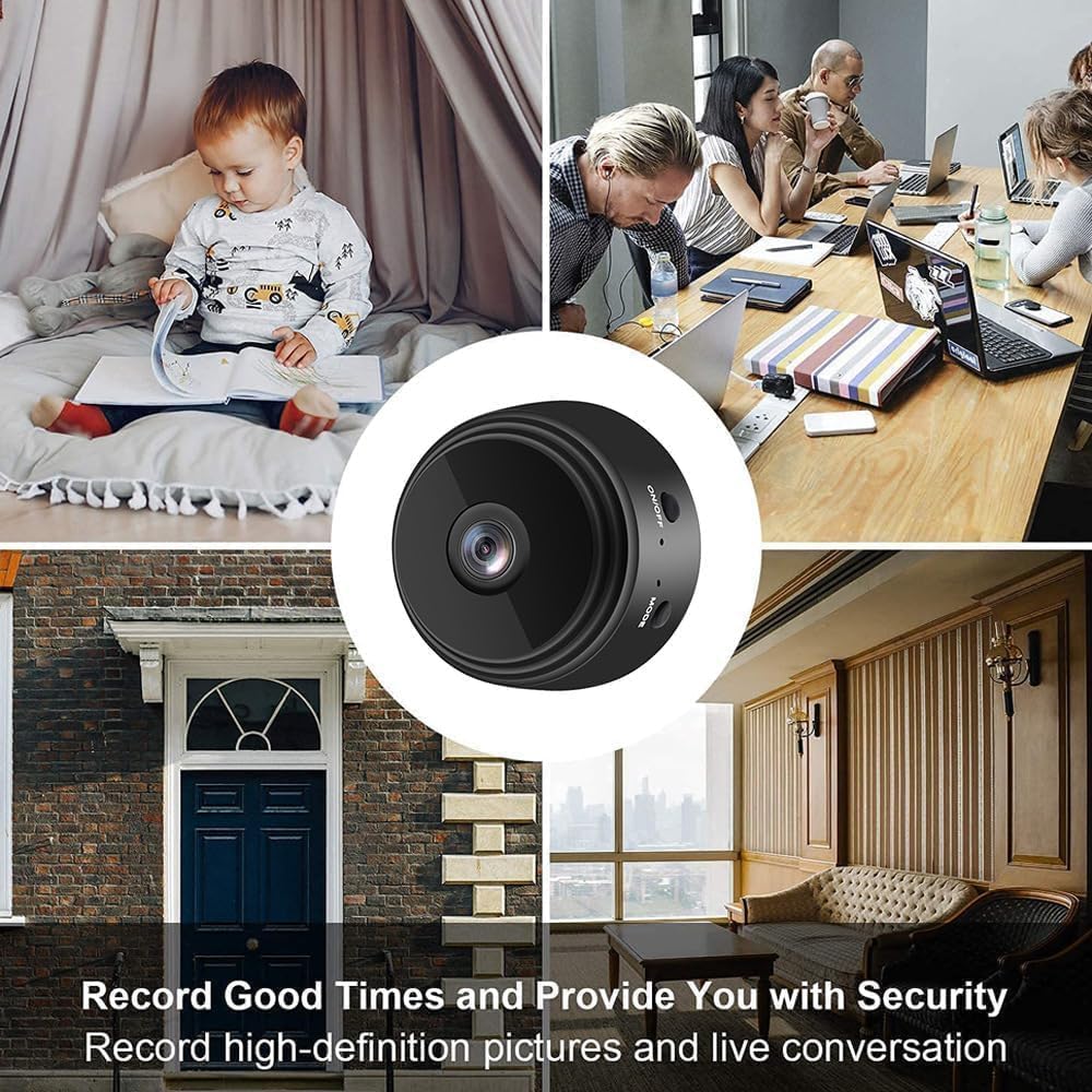 A black mini security camera at the center, surrounded by four images showing different monitoring situations: a baby in a crib, people working in an office, a home entrance, and a living room.
