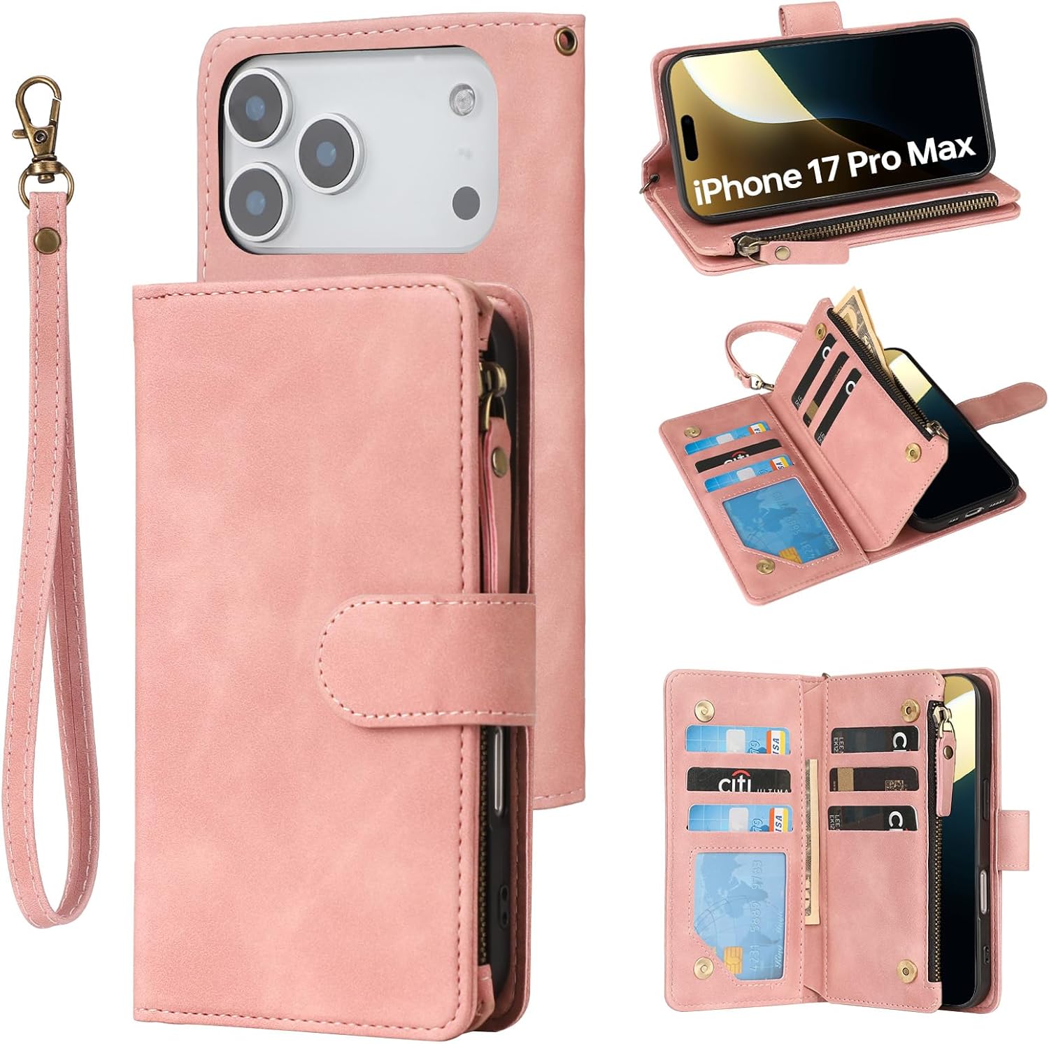 RANYOK Wallet Case Compatible with iPhone 17 Pro Max Case, with 6 Card Holder RFID Blocking, PU Leather Zipper Flip Wallet Pocket, Kickstand, Wrist Strap | Protective Phone Cover, Pink
