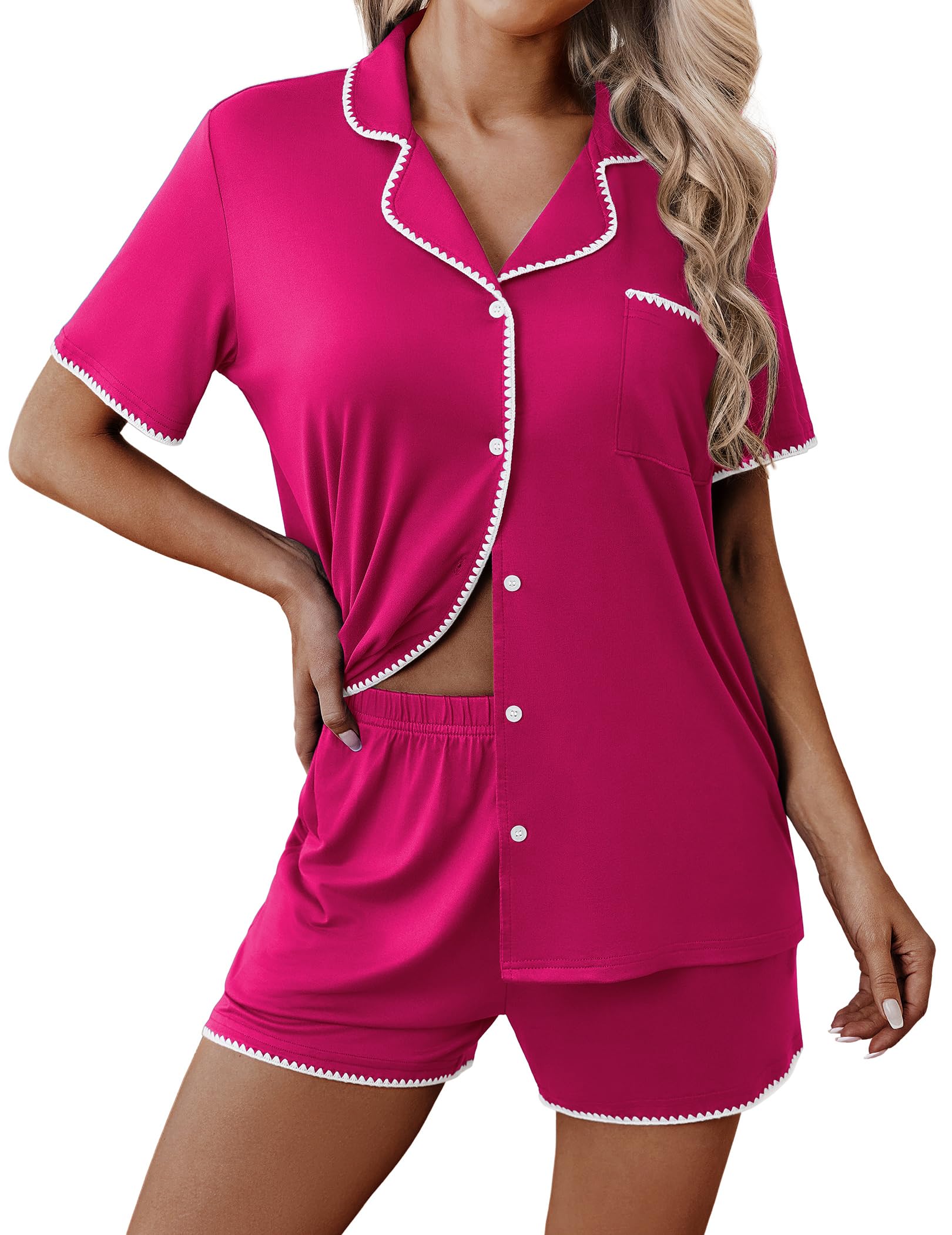 Ekouaer Pajamas for Women Set 2 Piece Soft Button Down Top and Shorts | Short Sleeve PJs with Cute Scalloped Trim, Soft Lightweight Lounge Sets, Ideal for Sleep, Travel &amp; Vacation