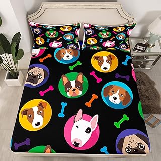 Manfei Cartoon Dog Fitted Sheet Twin Size, Colorful Dog Bones Print Bed Cover with 1 Pillowcase, Animal Theme Bedding Set 2pcs for Kids Boys Girls Room Decor, Soft Polyester Bedding