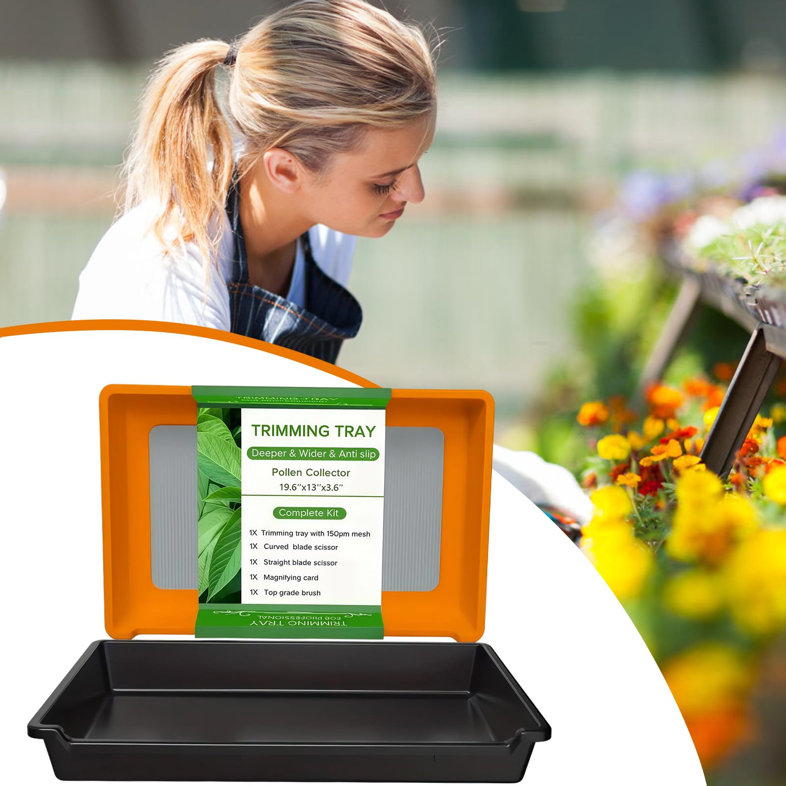 Trimming Tray, Ensemble de Bac de Tri, Bac de Tri pour Pollen et Herbes avec Tamis à Mailles Fines de 150 Microns, Ciseaux, Loupe et Brosse (Orange)