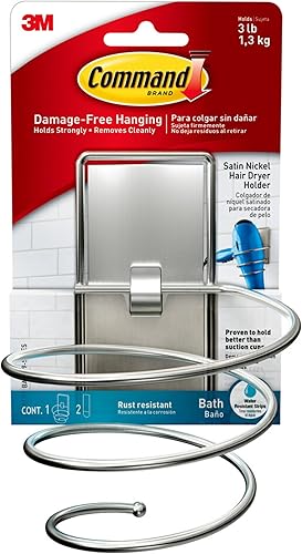 Command Soporte para secadora de pelo níquel satinado 1 soporte 2 tiras resistentes al agua organiza sin daños