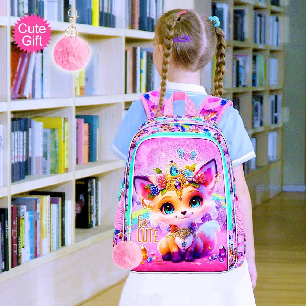 3Pcs Fox Backpack for Girls, 16" Kids School Backpacks with Lunch Box, Bookbag for Elementary Preschool Kindergarten(Pink)
