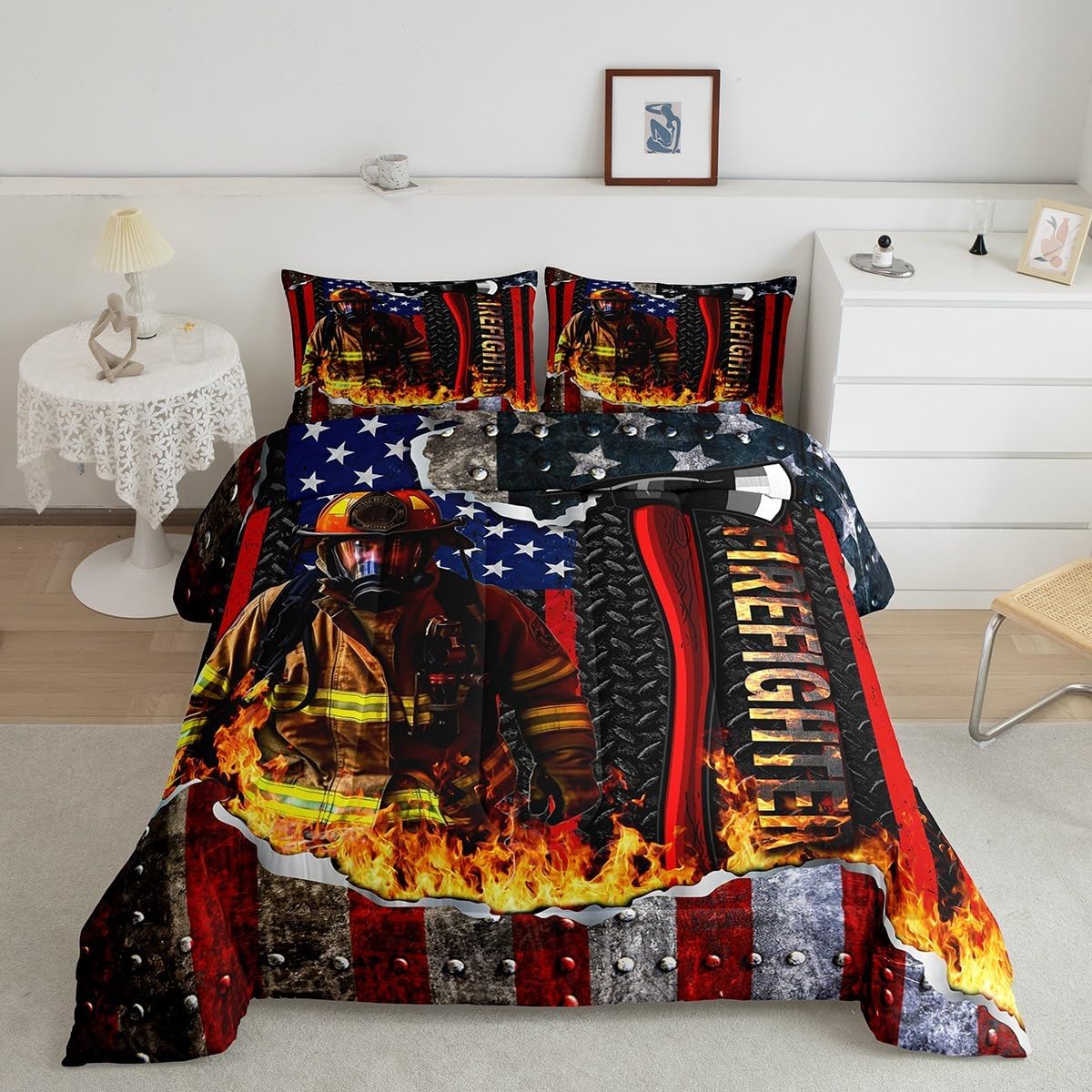 Firemen Boys Comforter Set Queen Size,American Flag Geometric Stripes Firefighter Bedding Set,Boys Men Room Decor,Fire Fighting Truck Tools Down Comforter,Red Black Retro Duvet Insert,2 Pillowcases