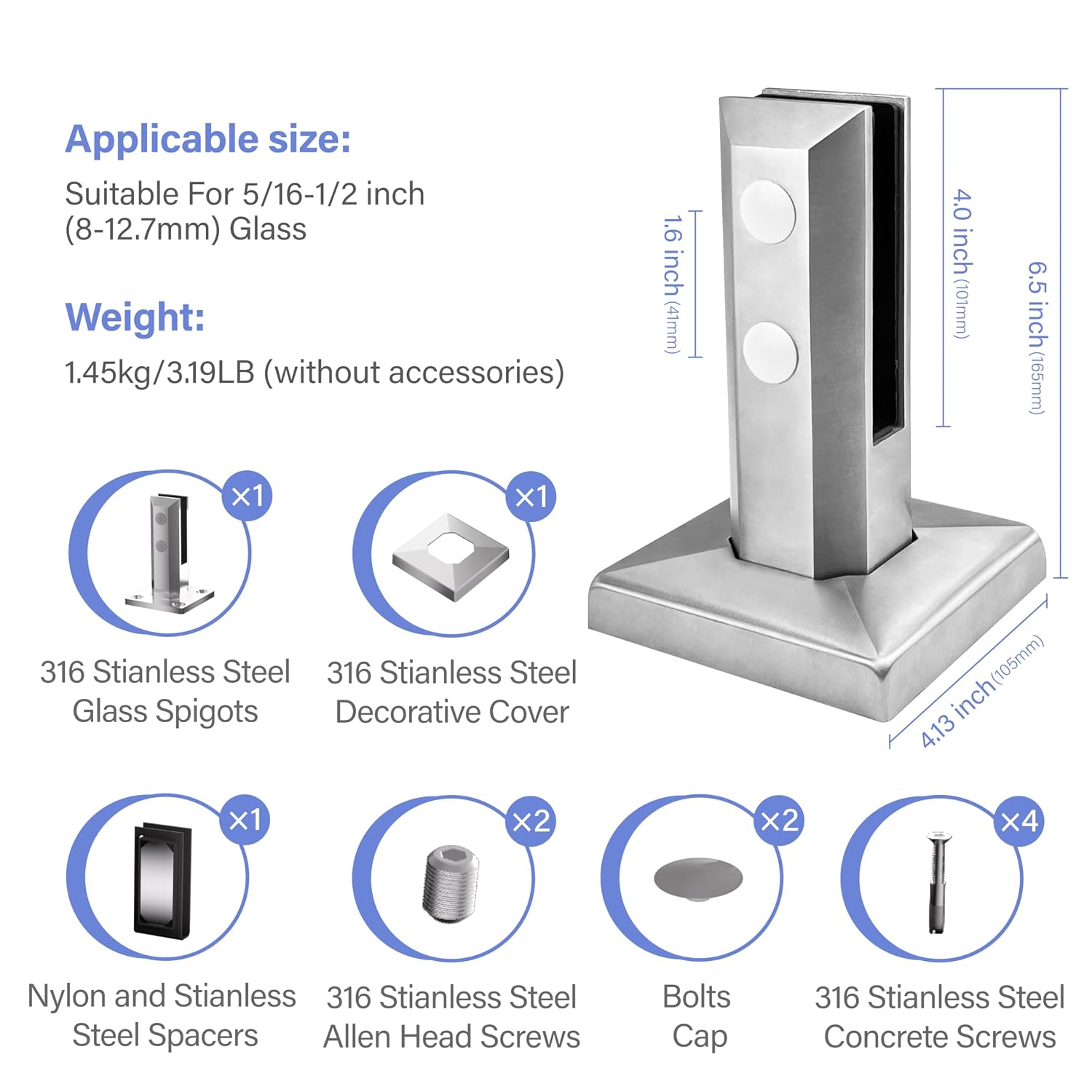Glass Railing Spigot,1 Pack 316 Stainless Steel 1450g Heavy Duty Square Pool Fence Glass Railing Post Clamp Spigot Floor Mount Rail for Home Garden Stairs Balustrade Balcony